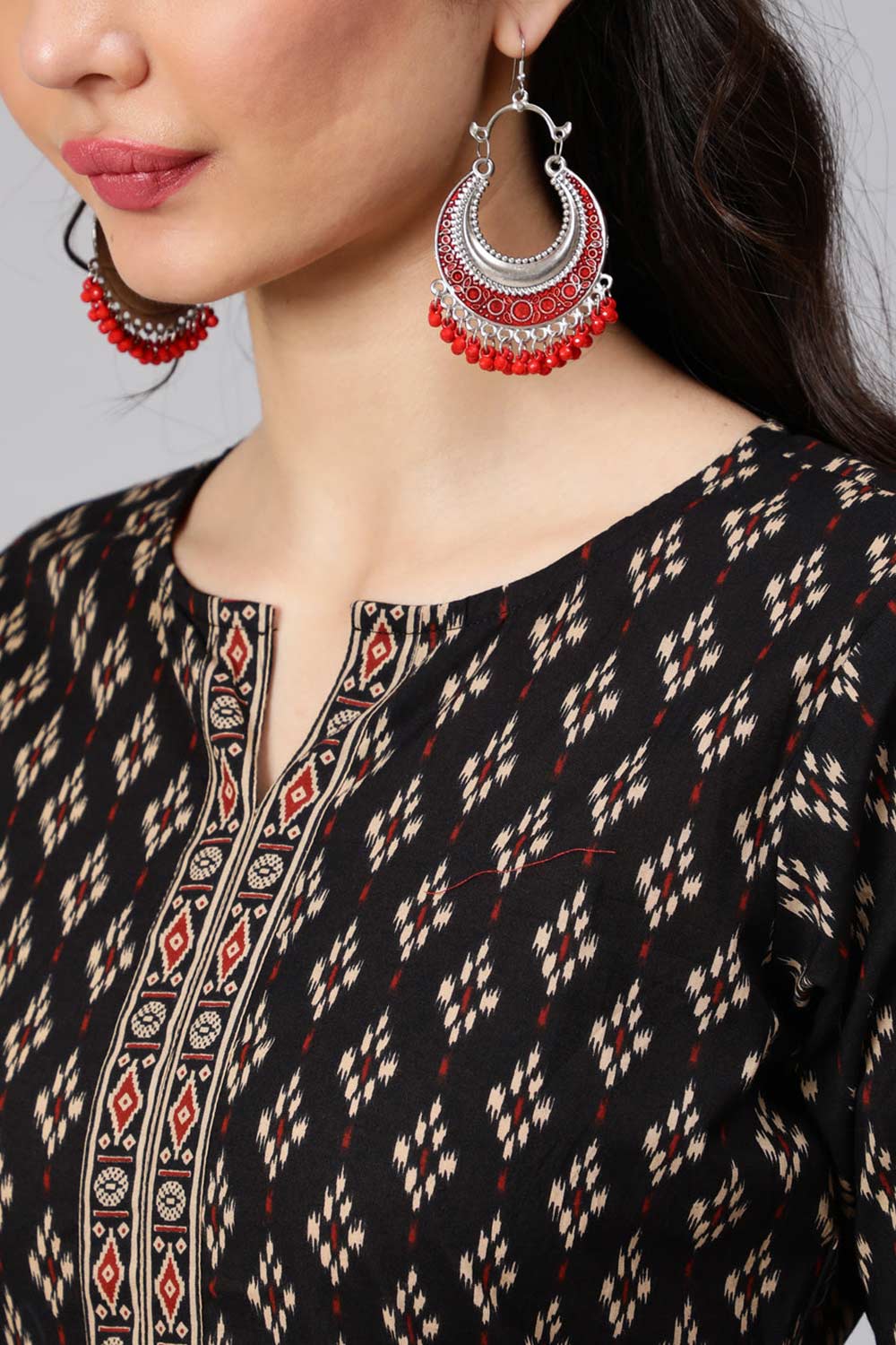 Buy Black Ethnic Printed Straight Palazzo Suit Set Online - Front