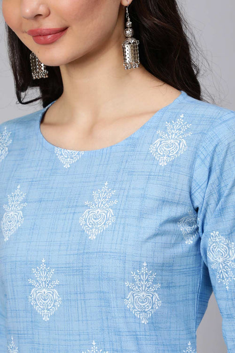 Buy Light Blue Cotton Printed Straight Kurta With Trouser And Lace Details Online - Back