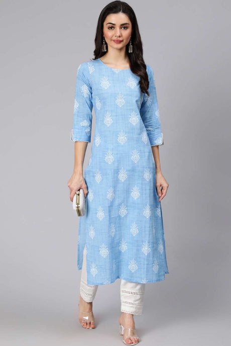 Buy Light Blue Cotton Printed Straight Kurta With Trouser And Lace Details Online