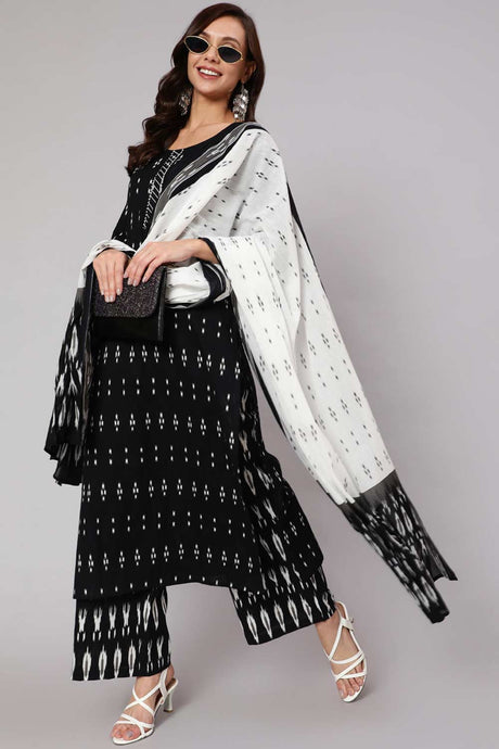 Buy Black Ethnic Printed Straight Kurta With Palazzo And Dupatta Online