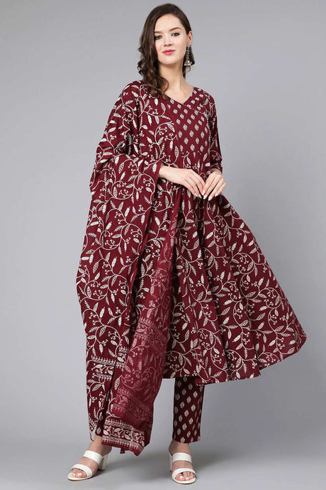 Buy Burgundy Printed Flared Kurta With Trouser And Dupatta Online