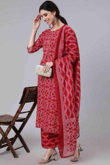 Buy Red Bandhani Printed Straight Kurta With Palazzo And Dupatta Online