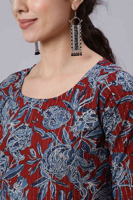Buy Maroon And Blue Cotton Floral Printed Straight Kurta And Palazzo Online - Back