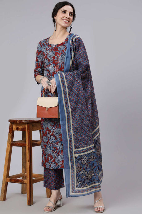 Buy Maroon And Blue Cotton Floral Printed Straight Kurta And Palazzo Online