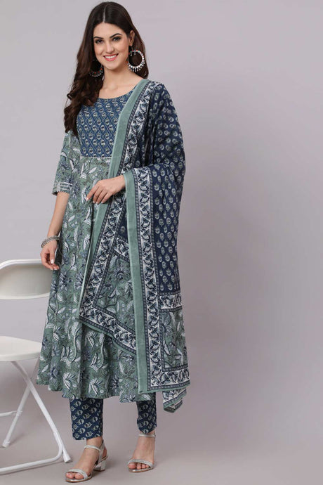Buy Green And Blue Printed Flared Palazzo Suit Set Online