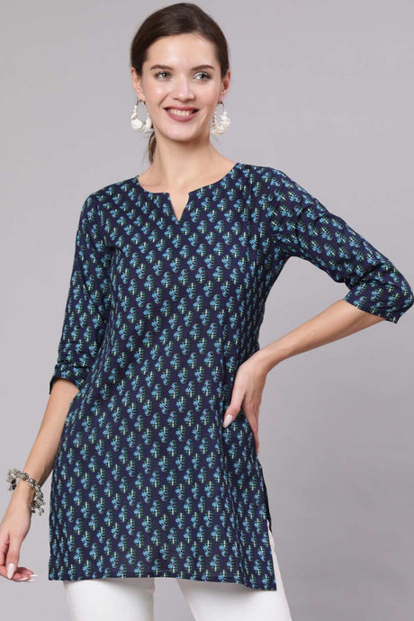 Buy Navy Blue & White Cotton Printed Tunic Online - Back