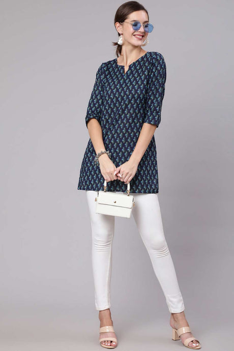 Buy Navy Blue & White Cotton Printed Tunic Online