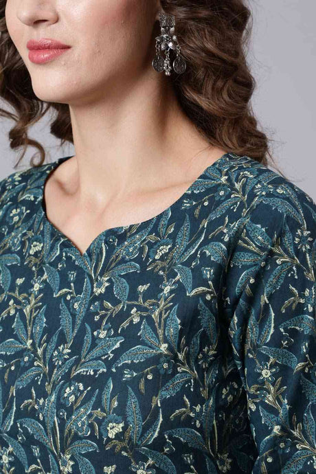 Buy Teal Blue Cotton Printed Ethnic Kurta With Palazzo Online - Back