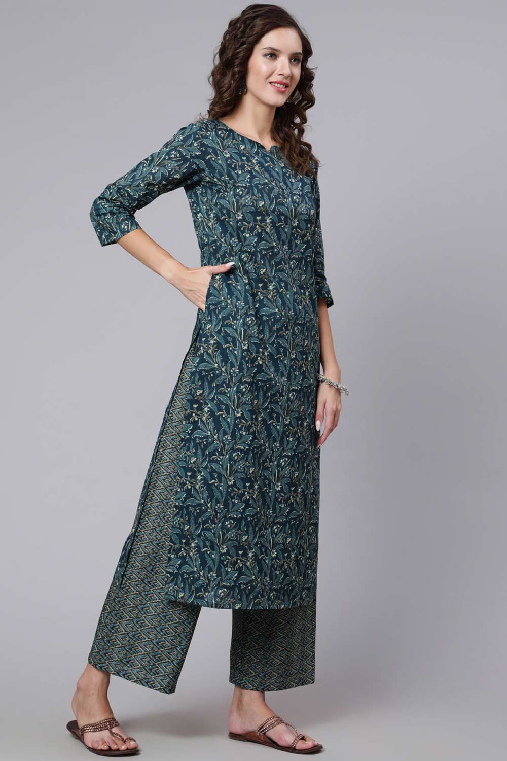 Buy Teal Blue Cotton Printed Ethnic Kurta With Palazzo Online - Side