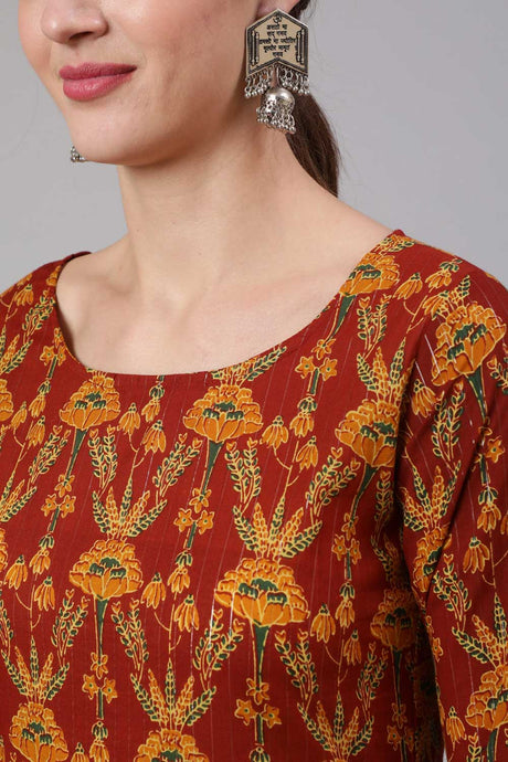 Buy Maroon Cotton Floral Printed Straight Kurta And Palazzo Online - Back