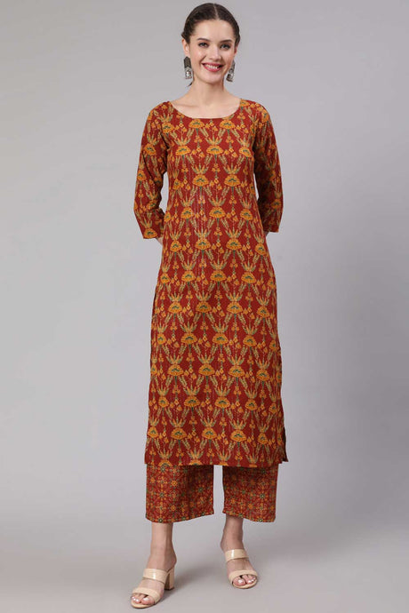 Buy Maroon Cotton Floral Printed Straight Kurta And Palazzo Online