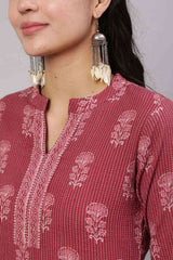 Buy Mauve Cotton Printed Straight Kurta With White Solid Trouser Online - Back