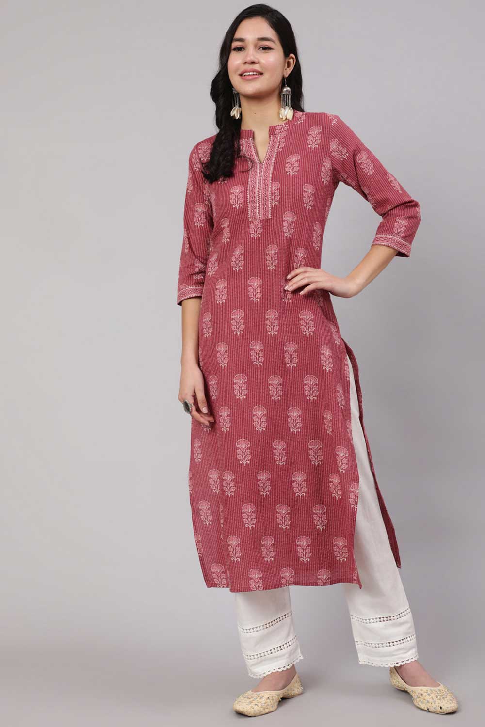 Buy Mauve Cotton Printed Straight Kurta With White Solid Trouser Online