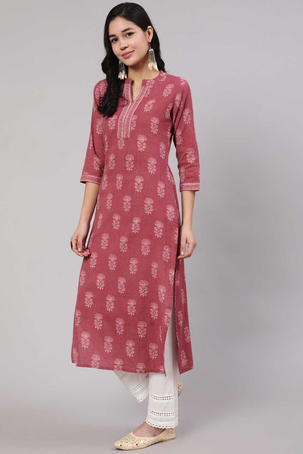 Buy Mauve Cotton Printed Straight Kurta With White Solid Trouser Online - Side