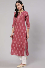Buy Mauve Cotton Printed Straight Kurta With White Solid Trouser Online - Side