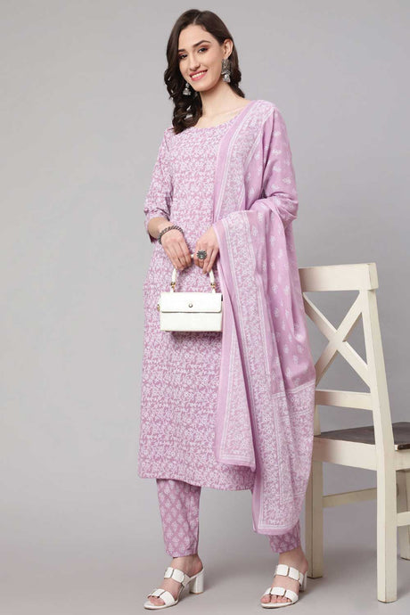 Buy Lavender Printed Straight Palazzo Suit Set Online