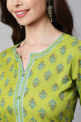 Buy Green Cotton Ethnic Printed Straight Kurta With Trouser Online - Front