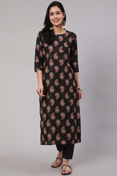 Buy Black Cotton Ethnic Printed Straight Kurta With Trouser Online - Back