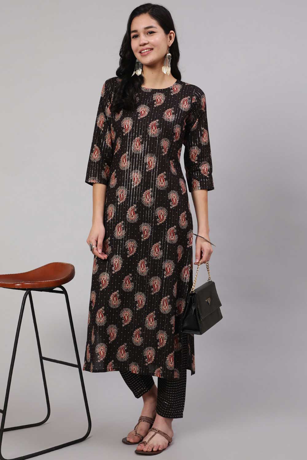 Buy Black Cotton Ethnic Printed Straight Kurta With Trouser Online