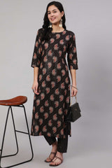 Buy Black Cotton Ethnic Printed Straight Kurta With Trouser Online