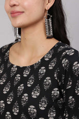 Buy Black Cotton Ethnic Printed Straight Kurta With Trouser Online - Back