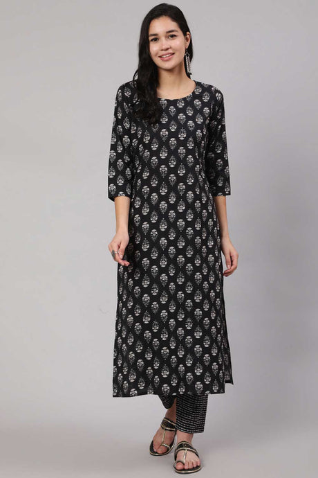 Buy Black Cotton Ethnic Printed Straight Kurta With Trouser Online