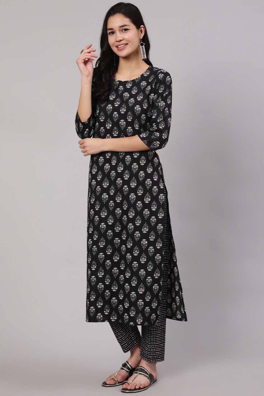 Buy Black Cotton Ethnic Printed Straight Kurta With Trouser Online - Side