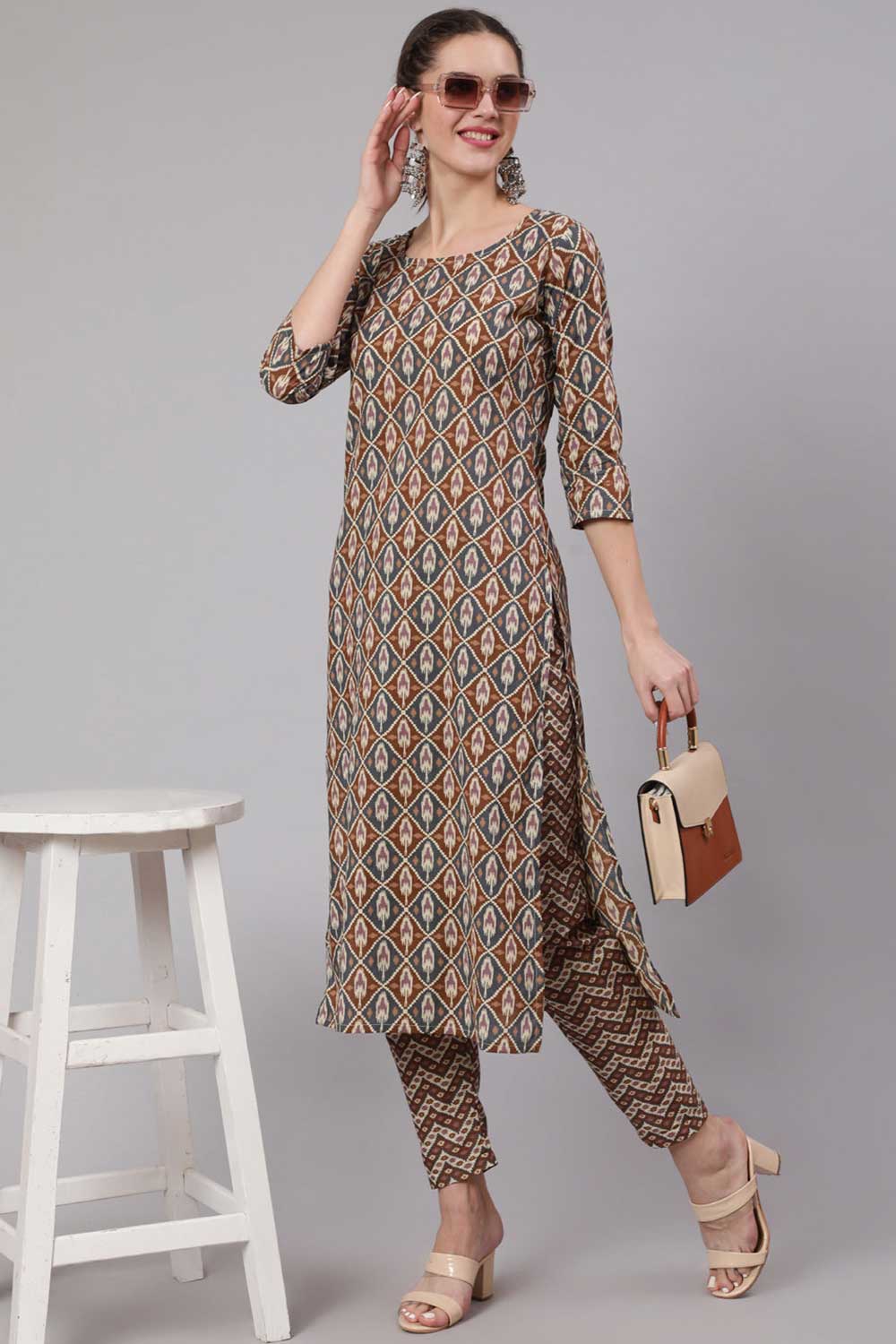 Buy Multi Cotton Geometric Printed Straight Kurta With Palazzo Online