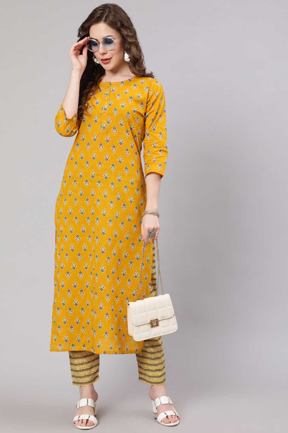 Buy Mustard Cotton Printed Straight Kurta With Trouser Online