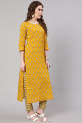 Buy Mustard Cotton Printed Straight Kurta With Trouser Online - Side