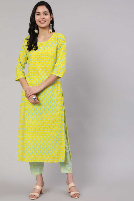 Buy Lime Green Cotton Ethnic Printed Kurta With Trouser Online - Back