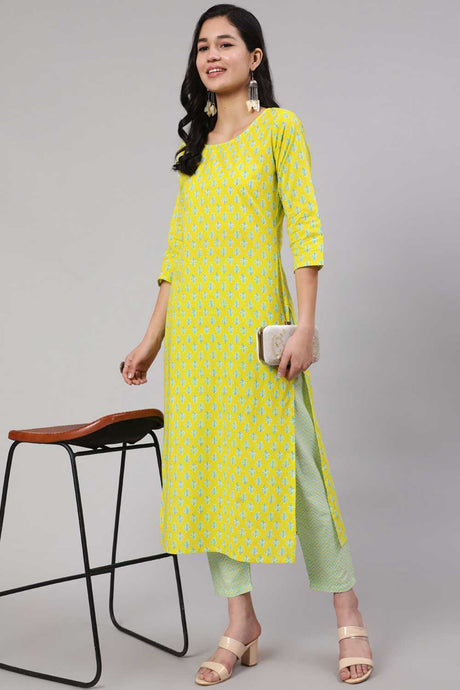 Buy Lime Green Cotton Ethnic Printed Kurta With Trouser Online