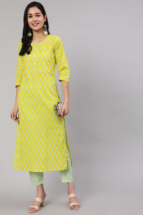 Buy Lime Green Cotton Ethnic Printed Kurta With Trouser Online