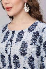 Buy Blue Cotton Printed Straight Kurta With Trouser Online - Front