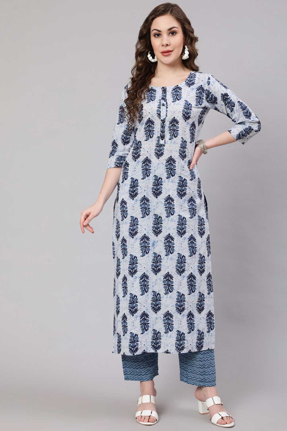 Buy Blue Cotton Printed Straight Kurta With Trouser Online - Back