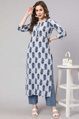 Buy Blue Cotton Printed Straight Kurta With Trouser Online