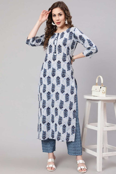 Buy Blue Cotton Printed Straight Kurta With Trouser Online