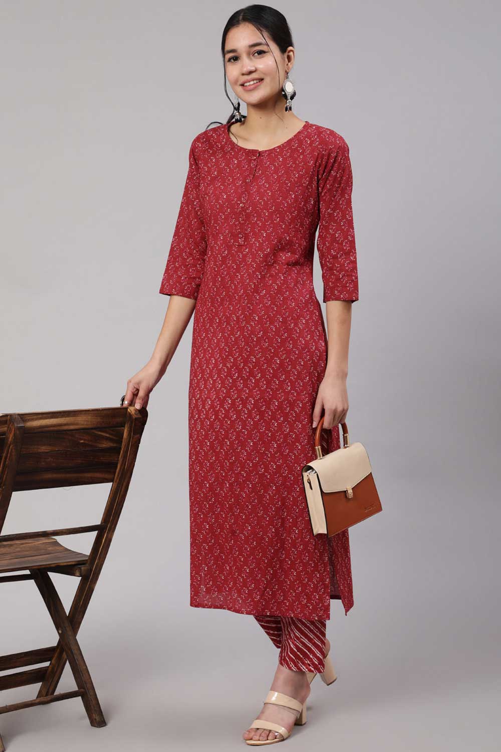 Buy Burgundy Cotton Ethnic Printed Straight Kurta With Trouser Online