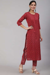 Buy Burgundy Cotton Ethnic Printed Straight Kurta With Trouser Online - Side