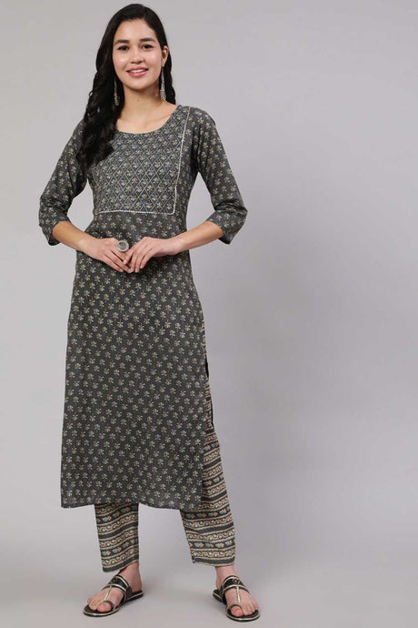 Buy Grey Cotton Printed Straight Kurta With Trouser Online