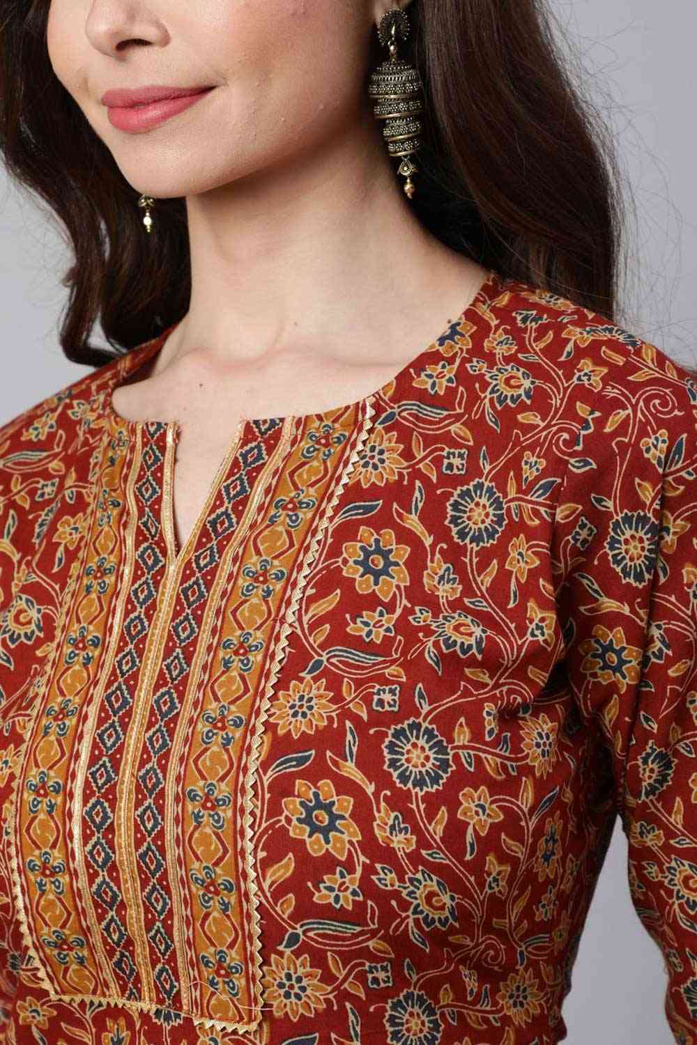 Buy Maroon Cotton Ethnic Printed Straight Kurta With Trouser Online - Front