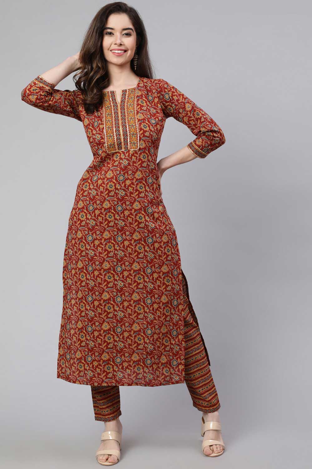 Buy Maroon Cotton Ethnic Printed Straight Kurta With Trouser Online - Back