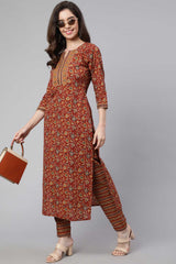 Buy Maroon Cotton Ethnic Printed Straight Kurta With Trouser Online