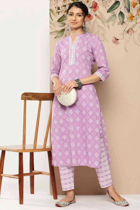 Buy Lavender Cotton Printed Straight Kurta With Trouser Online