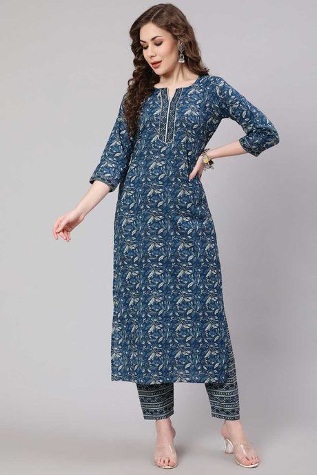 Buy Blue Cotton Printed Straight Kurta With Trouser Online - Back