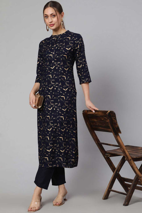 Buy Navy Blue Cotton Ethnic Printed Straight Kurta With Trouser Online