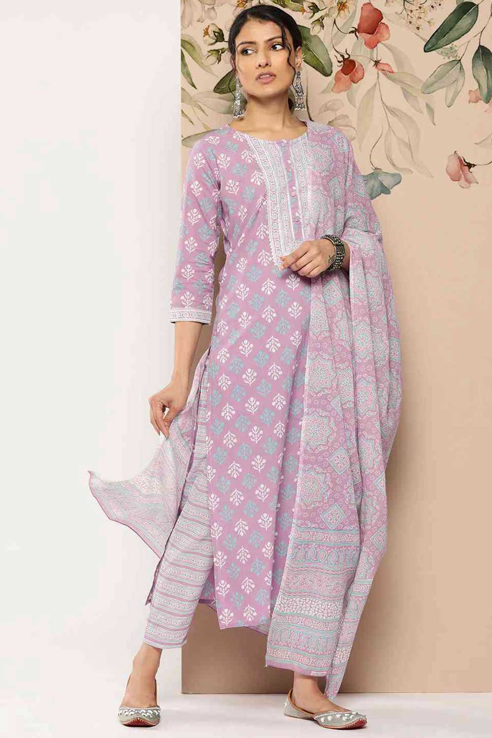 Buy Lavender Printed Straight Palazzo Suit Set Online