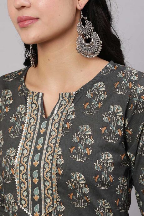 Buy Grey Cotton Printed Straight Kurta With Trouser Online - Back
