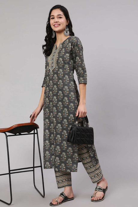 Buy Grey Cotton Printed Straight Kurta With Trouser Online
