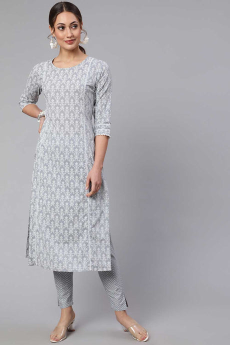 Buy Grey Cotton Ethnic Printed Straight Kurta With Trouser Online